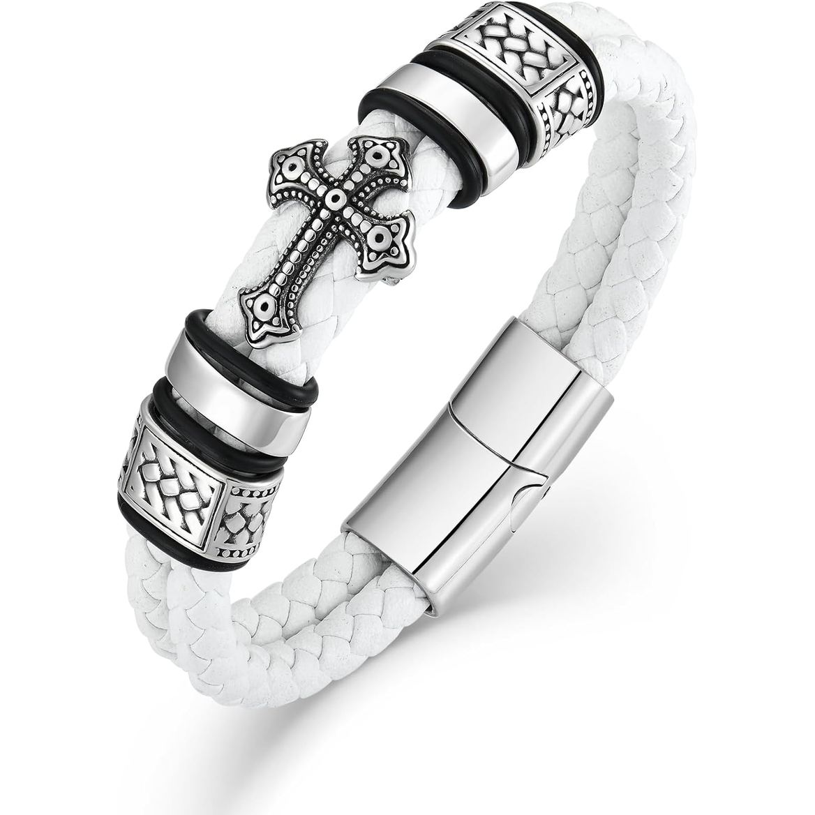 ✝ Men's Christian Cross Double Row Leather Bracelet Braided Cuff Stainless Steel Religious Faith Jewelry Gift for Dad Husband