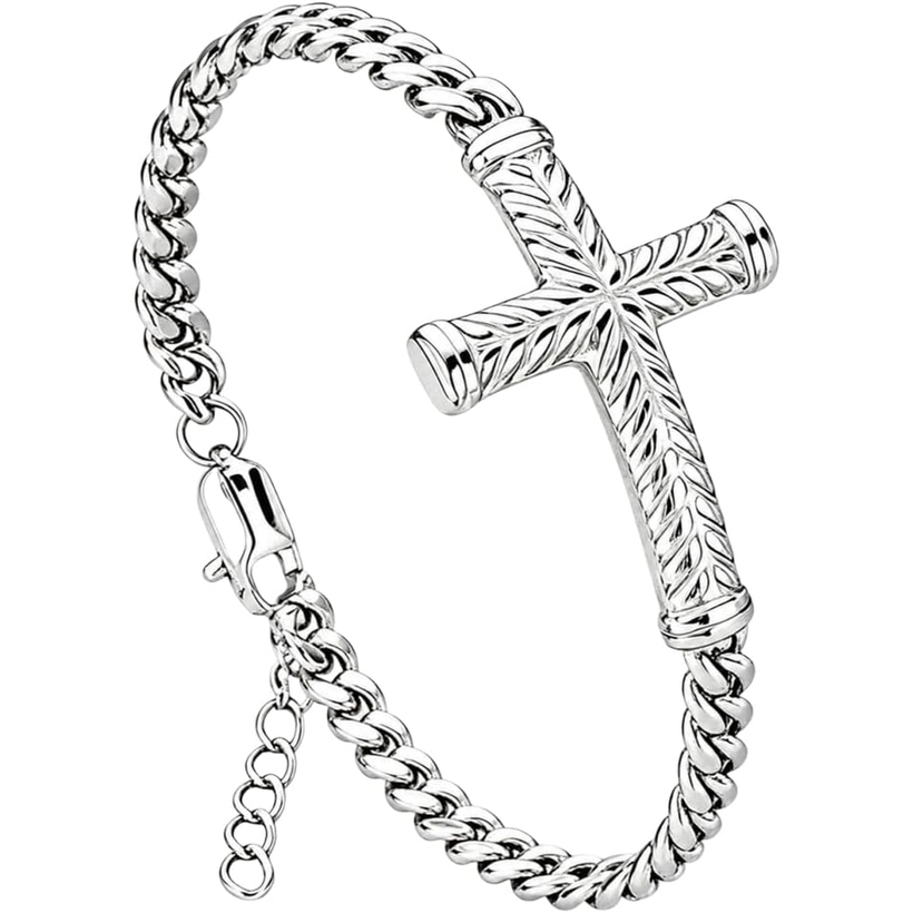 ✝ Men's Stainless Steel Cross Link Chain Bracelet 6mm Christian Faith Religious Jewelry Gift for Dad Husband Son