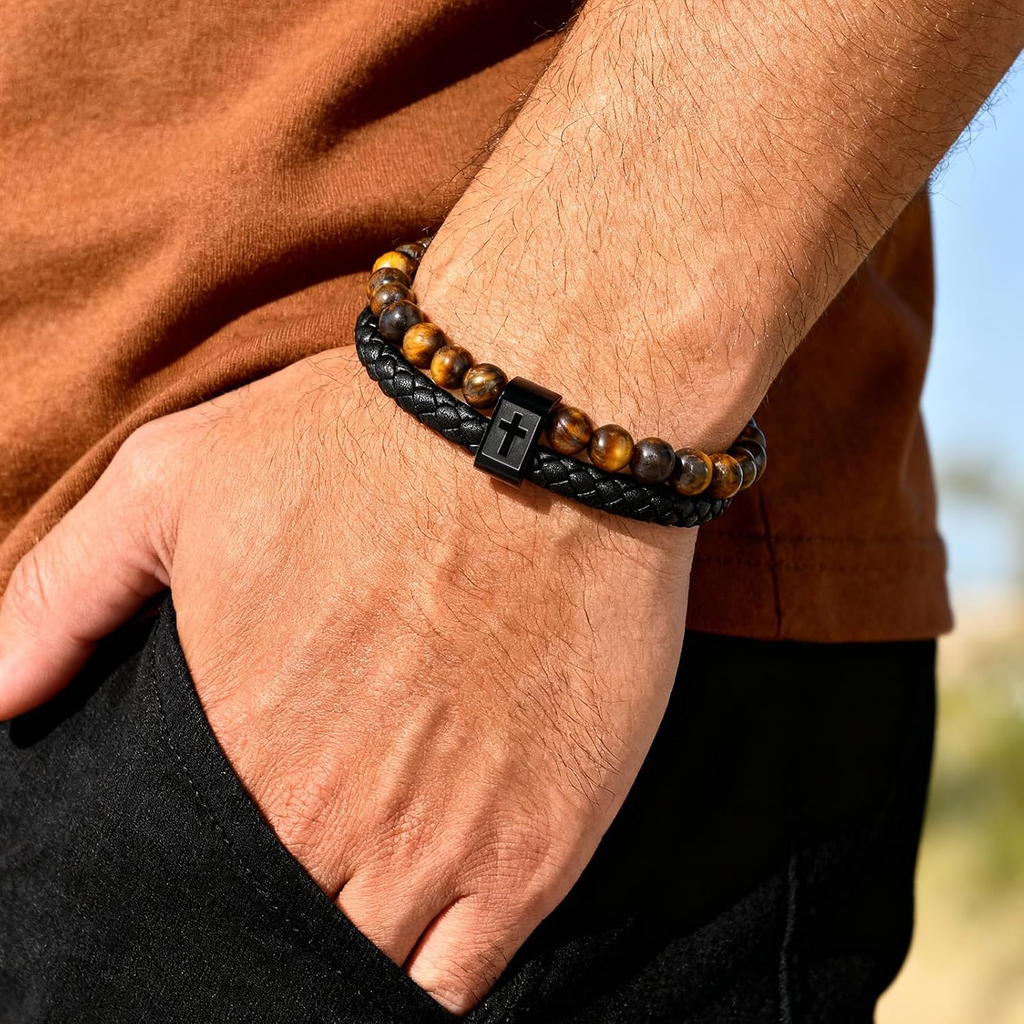 ✝ Men's Joshua 1:9 Cross Bracelet Braided Leather Tiger Eye Agate Beaded Christian Faith Jewelry Gift