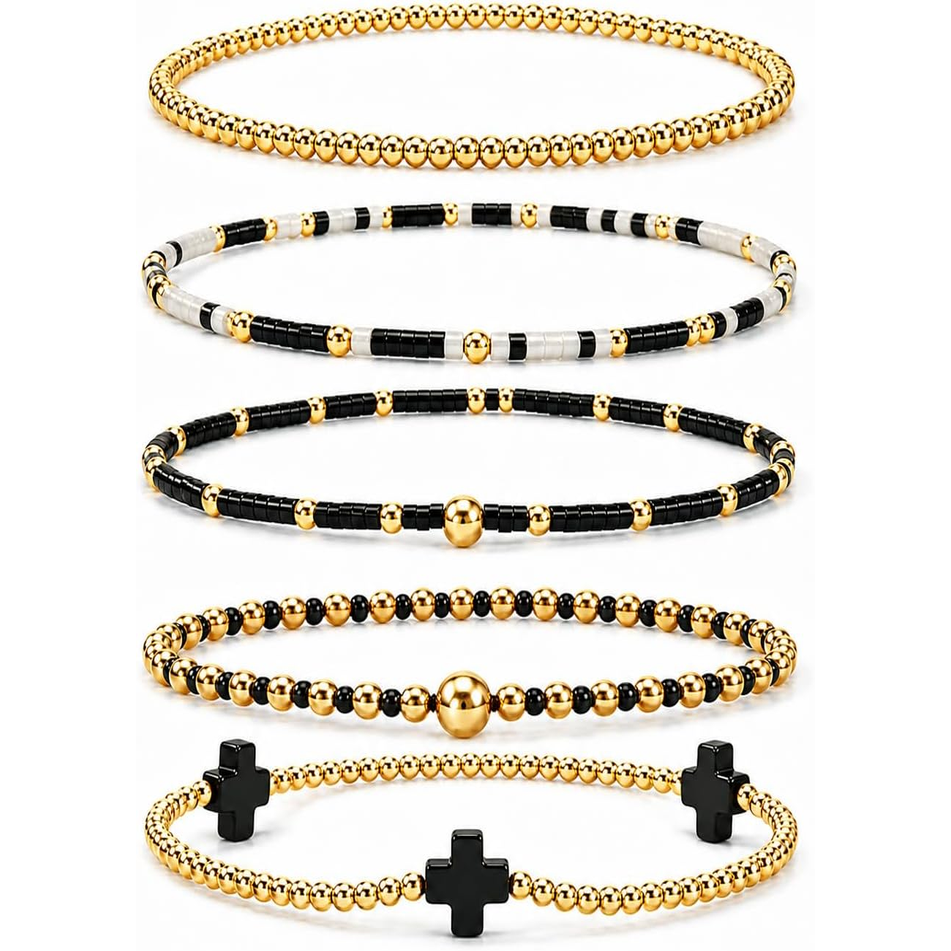 ✝ Women's Gold Beaded Cross Bracelet Stack Set Stretch Christian Faith Jewelry Gift for Women Teens