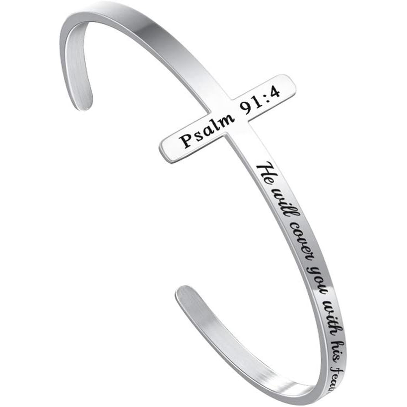 ✝ Women's Silver Cross Cuff Bracelet 316L Stainless Steel Bible Verse Christian Faith Inspirational Jewelry Gift