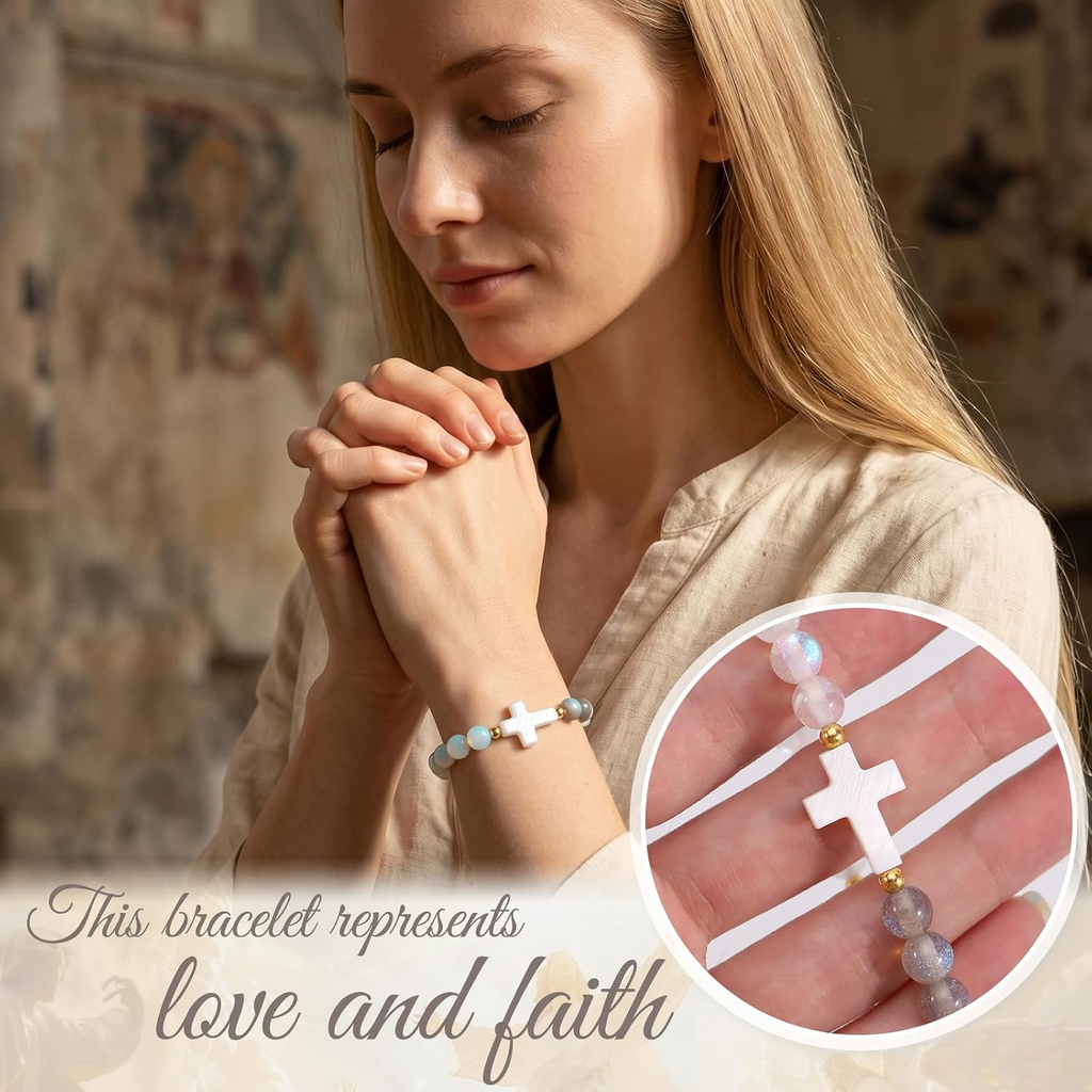 ✝ Women's Christian Cross Beaded Bracelet Catholic Religious Faith Inspirational Jewelry Gift for Mom Daughter Sister Friend