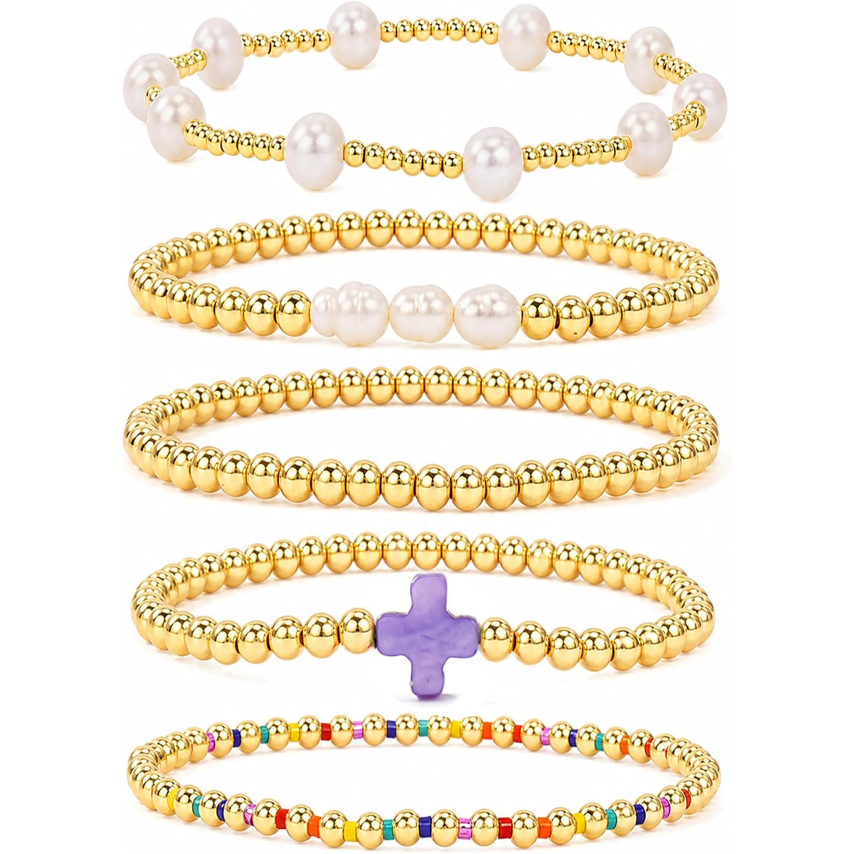 ✝ Women's Gold Beaded Cross Bracelet Stack Set Stretch Christian Faith Jewelry Gift for Women Teens