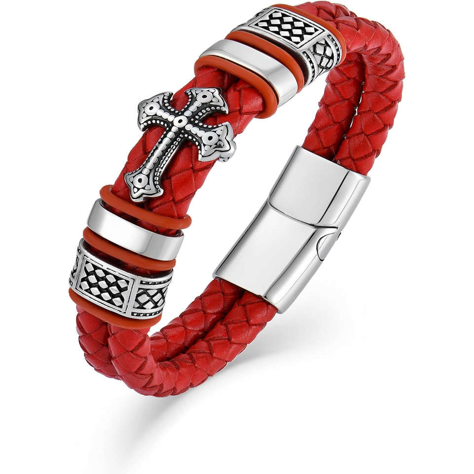 ✝ Men's Christian Cross Double Row Leather Bracelet Braided Cuff Stainless Steel Religious Faith Jewelry Gift for Dad Husband