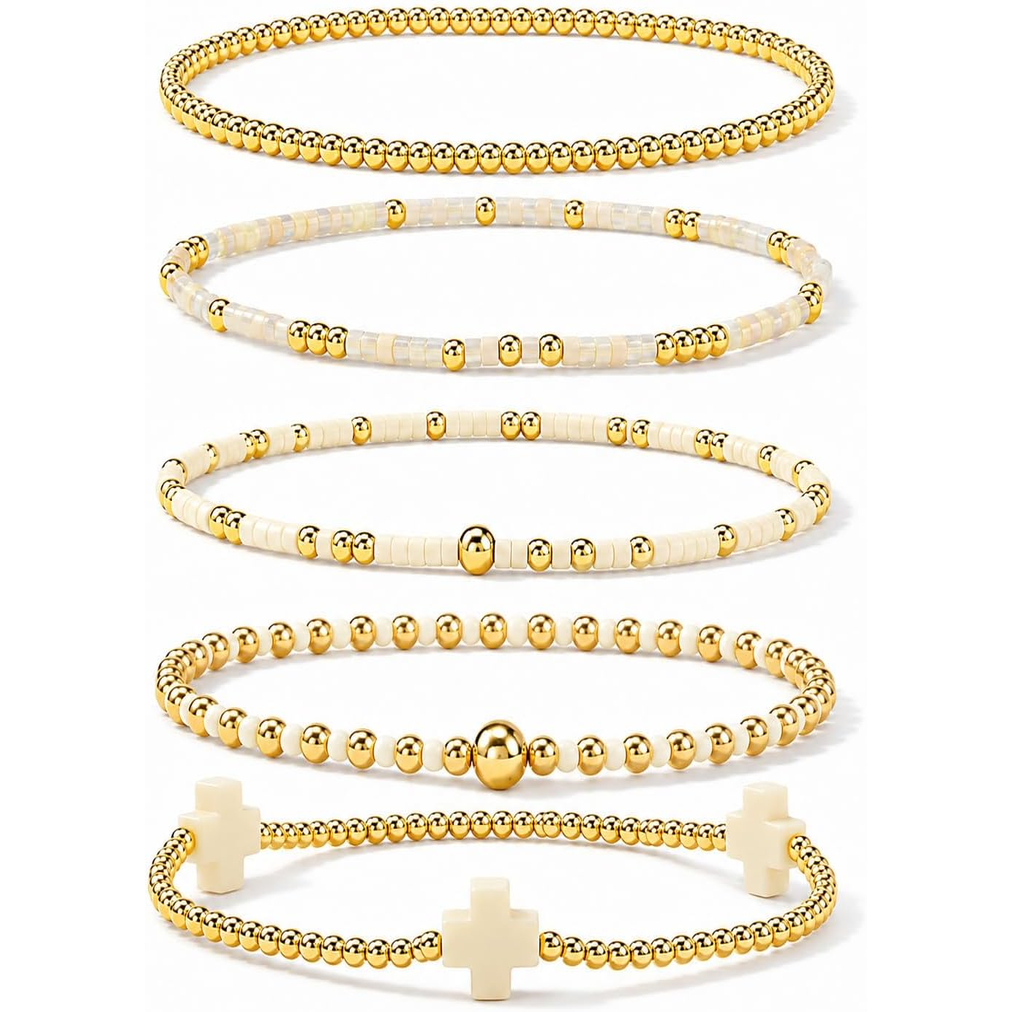 ✝ Women's Gold Beaded Cross Bracelet Stack Set Stretch Christian Faith Jewelry Gift for Women Teens