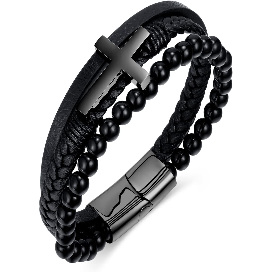 ✝ Men's Christian Cross Double Row Leather Bracelet Braided Cuff Stainless Steel Religious Faith Jewelry Gift for Dad Husband