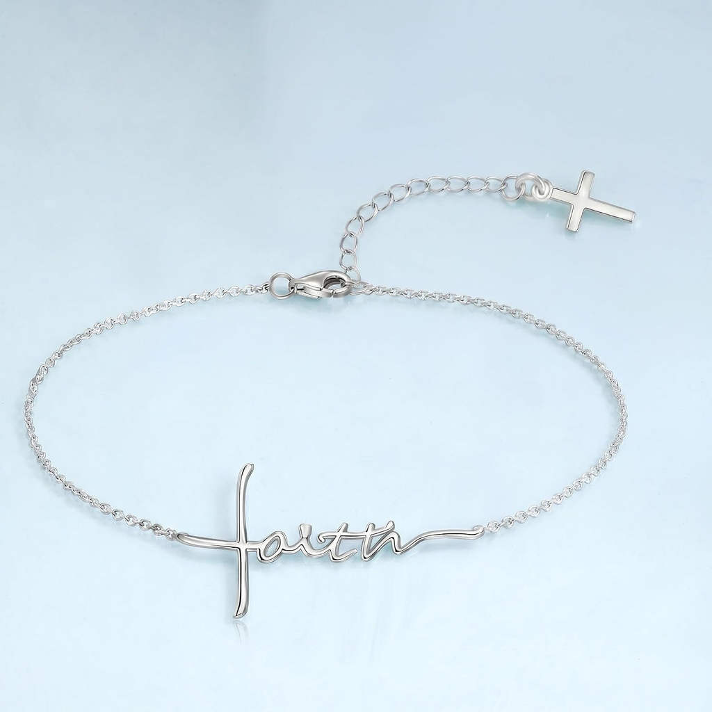 ✝ Faith Bracelet for Women – 925 Sterling Silver Cross & Heart Pendant Christian Religious Jewelry