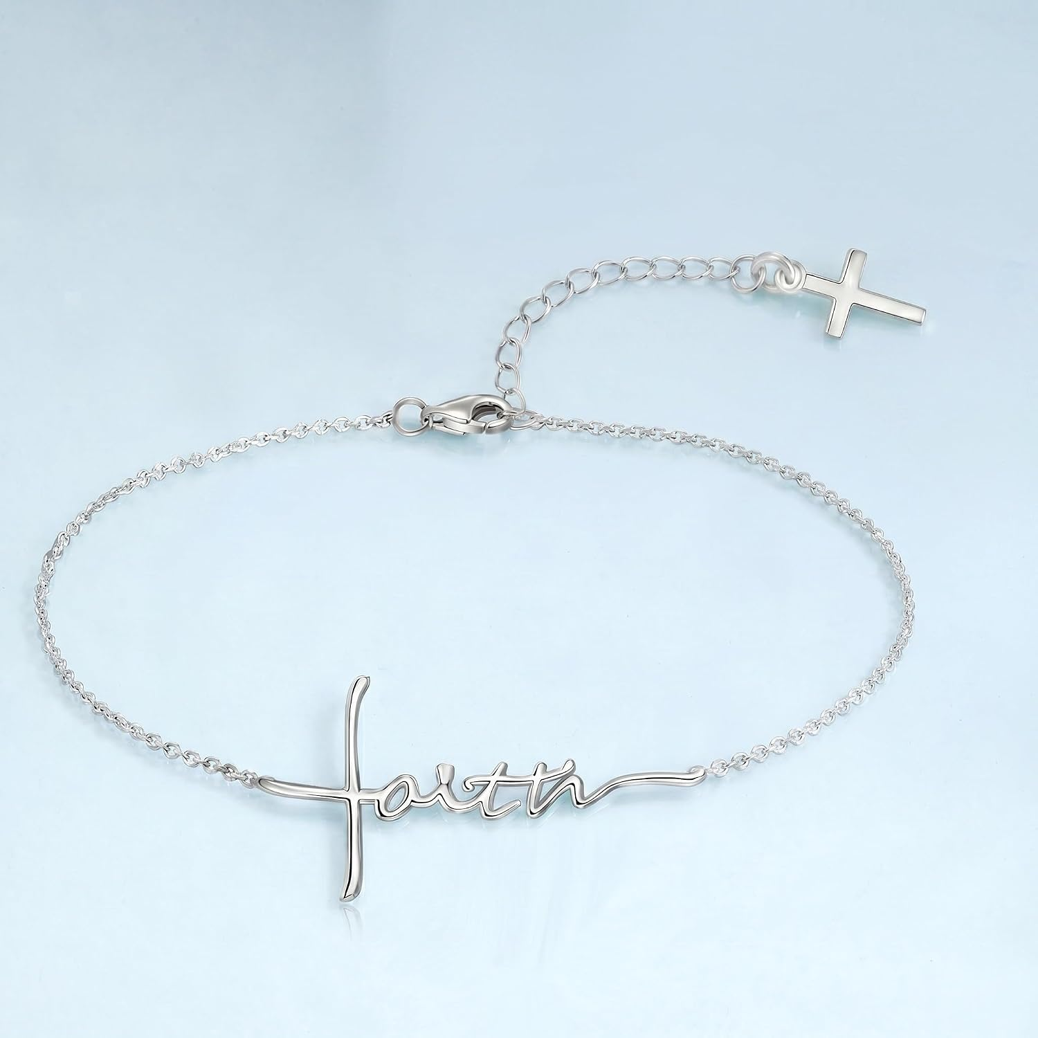 ✝ Faith Bracelet for Women – 925 Sterling Silver Cross & Heart Pendant Christian Religious Jewelry