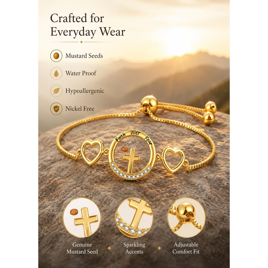 ✝ 14K Gold Mustard Seed Cross Bracelet for Women – Adjustable Faith Bracelet, Christian Religious Jewelry, Confirmation Baptism Gift for Mom Sister Friend