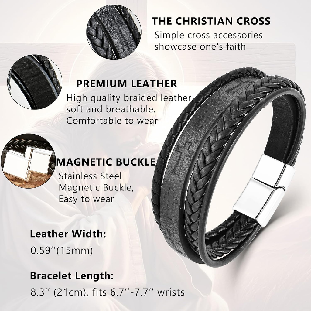 ✝ Men's Leather Cross Bracelet Multi-Layer Braided Christian Faith Religious Wristband Stainless Steel Buckle Jewelry Gift for Dad