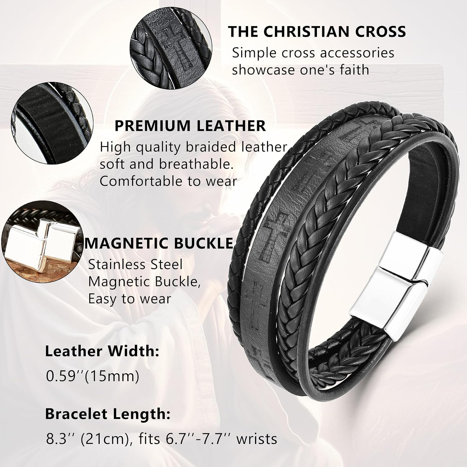 ✝ Men's Leather Cross Bracelet Multi-Layer Braided Christian Faith Religious Wristband Stainless Steel Buckle Jewelry Gift for Dad