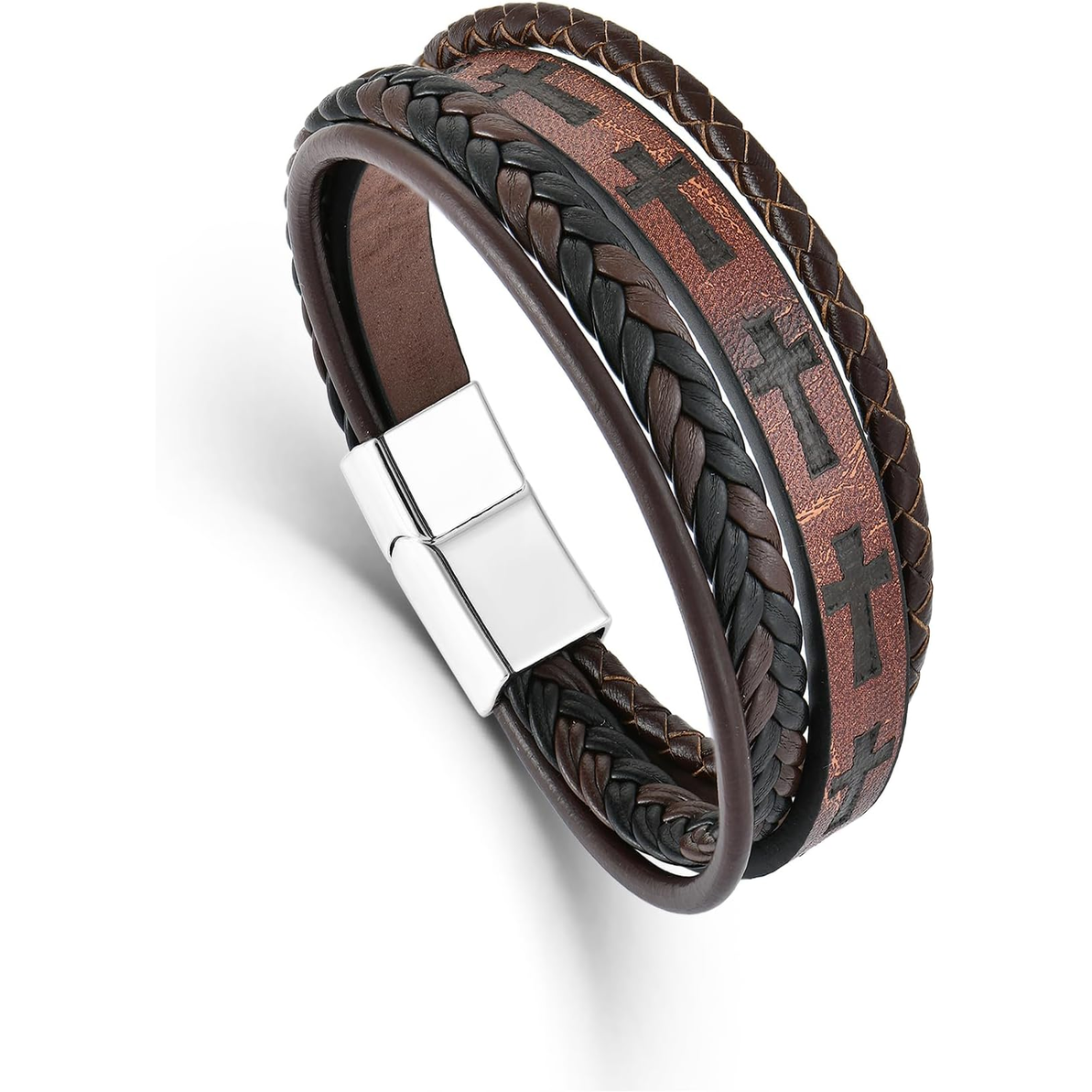 ✝ Men's Leather Cross Bracelet Multi-Layer Braided Christian Faith Religious Wristband Stainless Steel Buckle Jewelry Gift for Dad