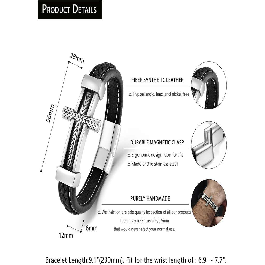 ✝ Men's Braided Leather Sideways Cross Bracelet 316L Stainless Steel Christian Faith Religious Jewelry Gift for Father Husband