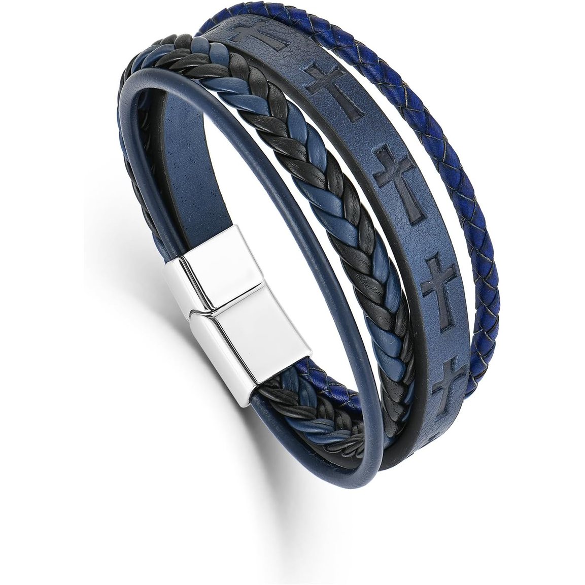 ✝ Men's Leather Cross Bracelet Multi-Layer Braided Christian Faith Religious Wristband Stainless Steel Buckle Jewelry Gift for Dad