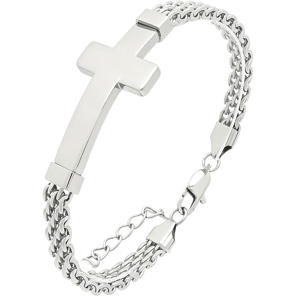 ✝ Men's Stainless Steel Cross Link Chain Bracelet 6mm Christian Faith Religious Jewelry Gift for Dad Husband Son