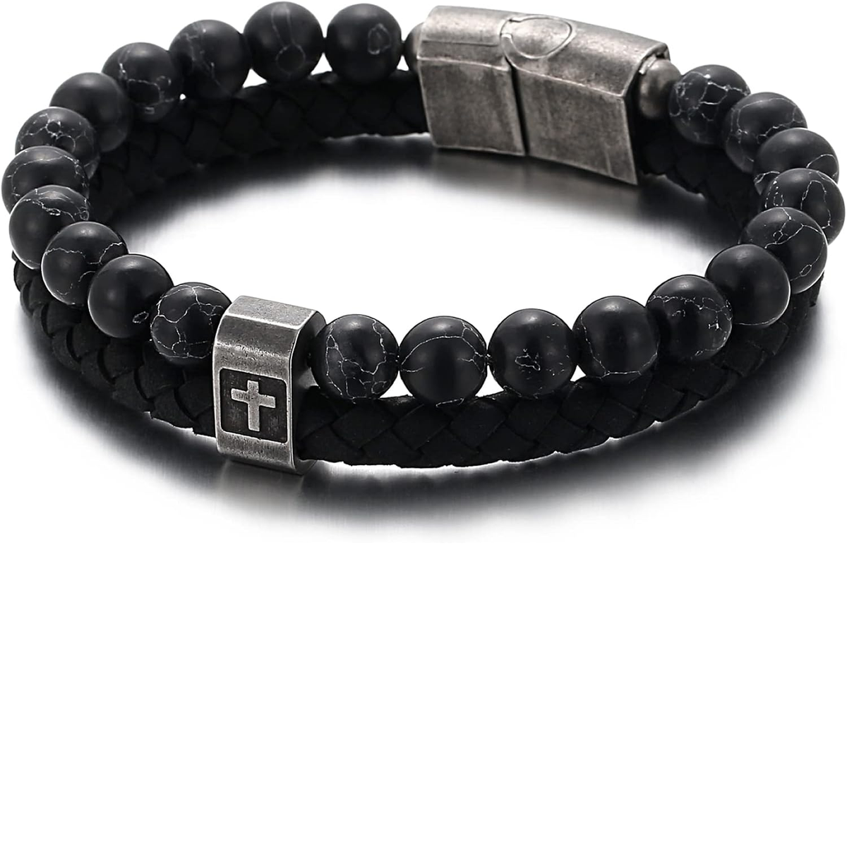 ✝ Men's Christian Cross Double Row Leather Bracelet Braided Cuff Stainless Steel Religious Faith Jewelry Gift for Dad Husband