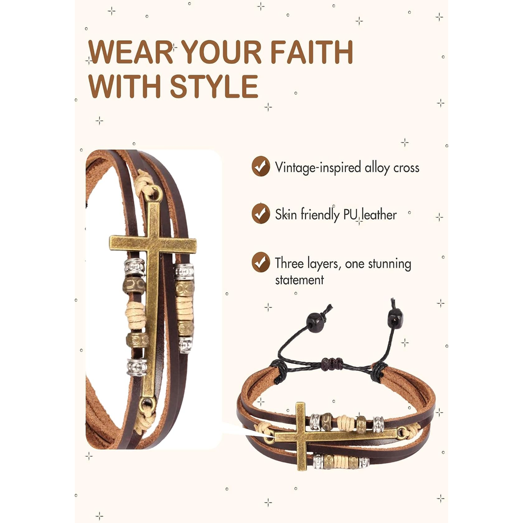 ✝ Women's Religious Cross Wrap Bracelet Multilayer Leather Christian Faith Jewelry Confirmation Gift for Daughter Friend Teen