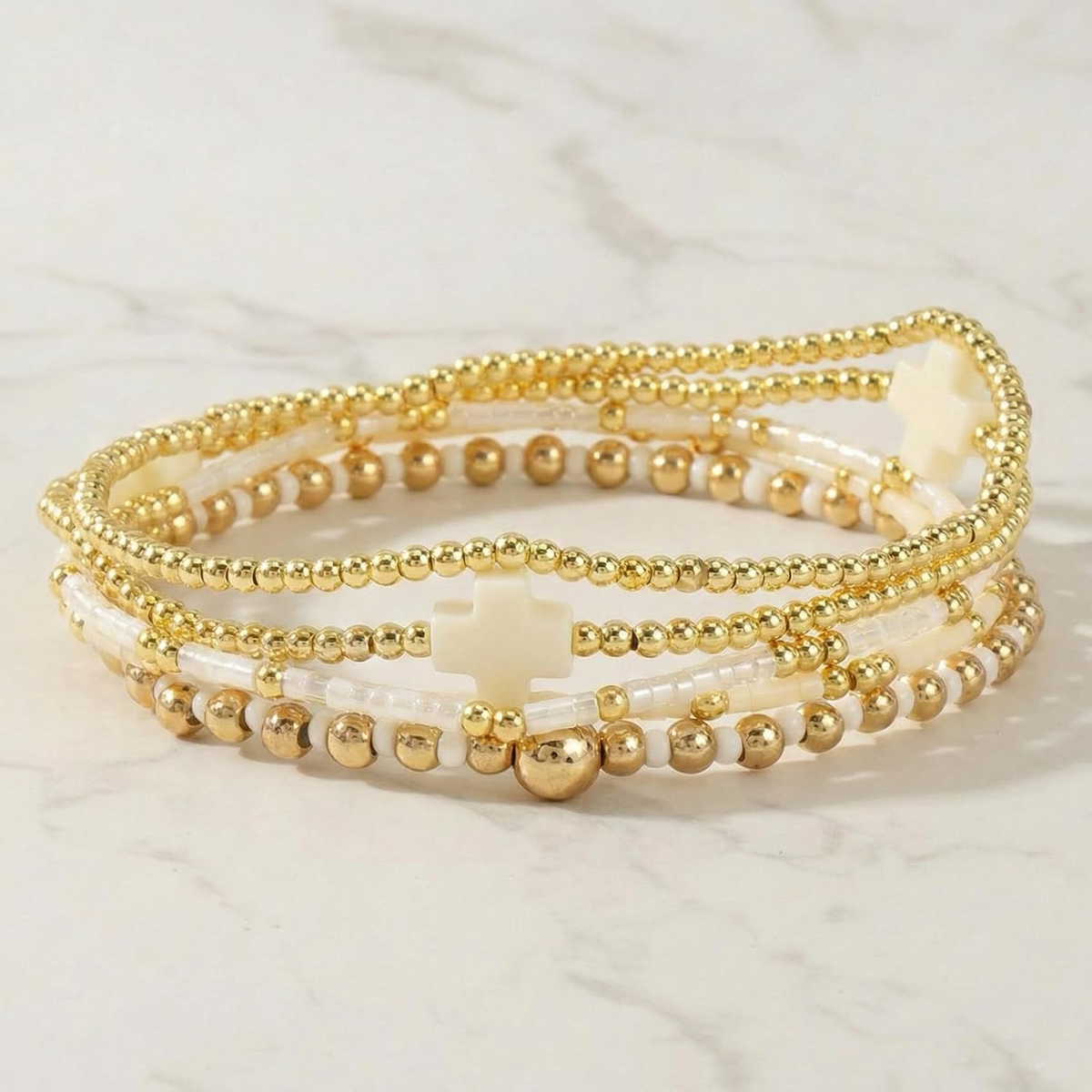 ✝ Women's Gold Beaded Cross Bracelet Stack Set Stretch Christian Faith Jewelry Gift for Women Teens