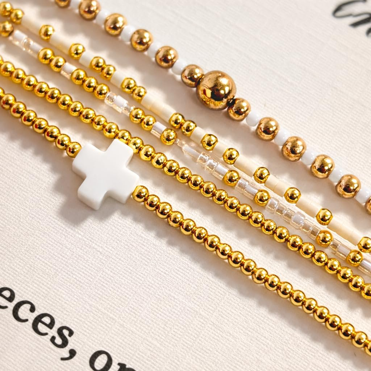 ✝ Women's Gold Beaded Cross Bracelet Stack Set Stretch Christian Faith Jewelry Gift for Women Teens
