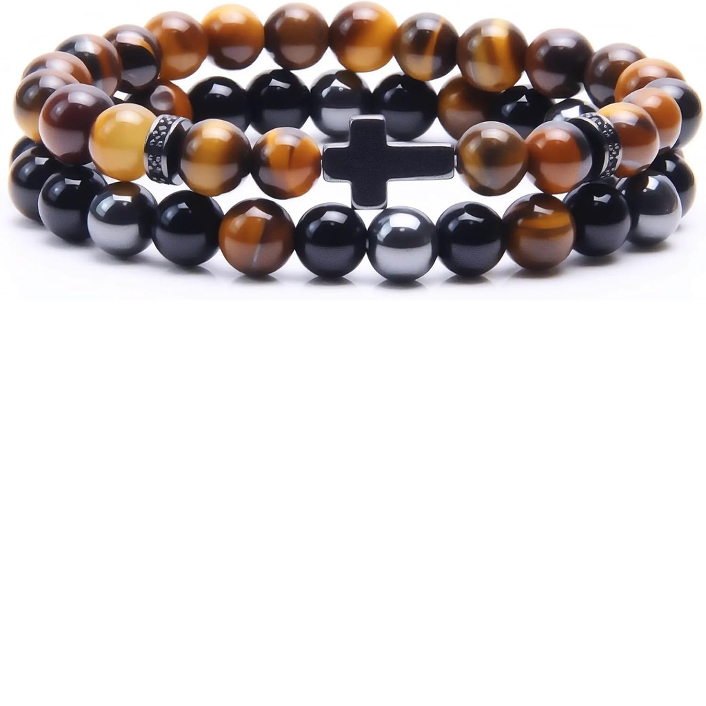 ✝ Men's Cross Bracelet Set – Black Obsidian, Hematite & Tiger Eye 8MM Beaded Christian Faith Jewelry
