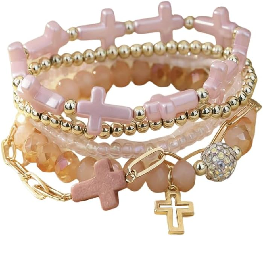 ✝ Women's Multi-colored Cross Charm Bracelet Set Stackable Beaded Christian Faith Religious Jewelry Gift Easter Celebration