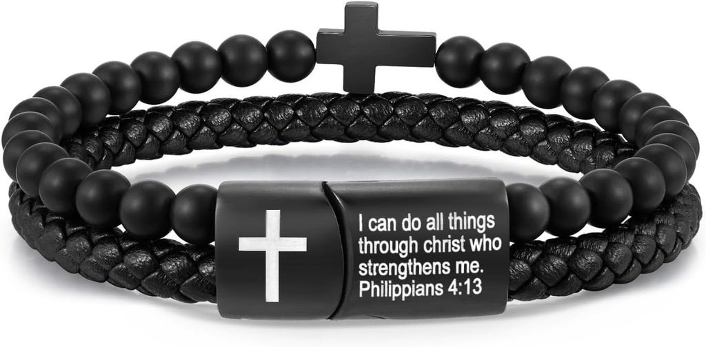 Men'S Cross Bracelet for Men - Bible Verse Bead Rosary Braided Black Genuine Leather Bracelets, Bangle Engraved Love You Forever, Christian Catholic Religious Jewelry Christmas Gifts Ideas for Man