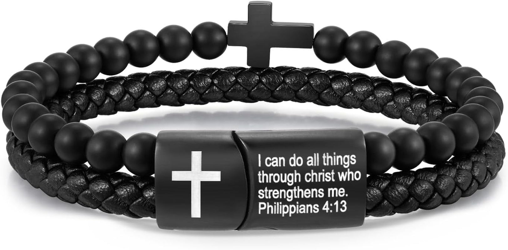 Men'S Cross Bracelet for Men - Bible Verse Bead Rosary Braided Black Genuine Leather Bracelets, Bangle Engraved Love You Forever, Christian Catholic Religious Jewelry Christmas Gifts Ideas for Man