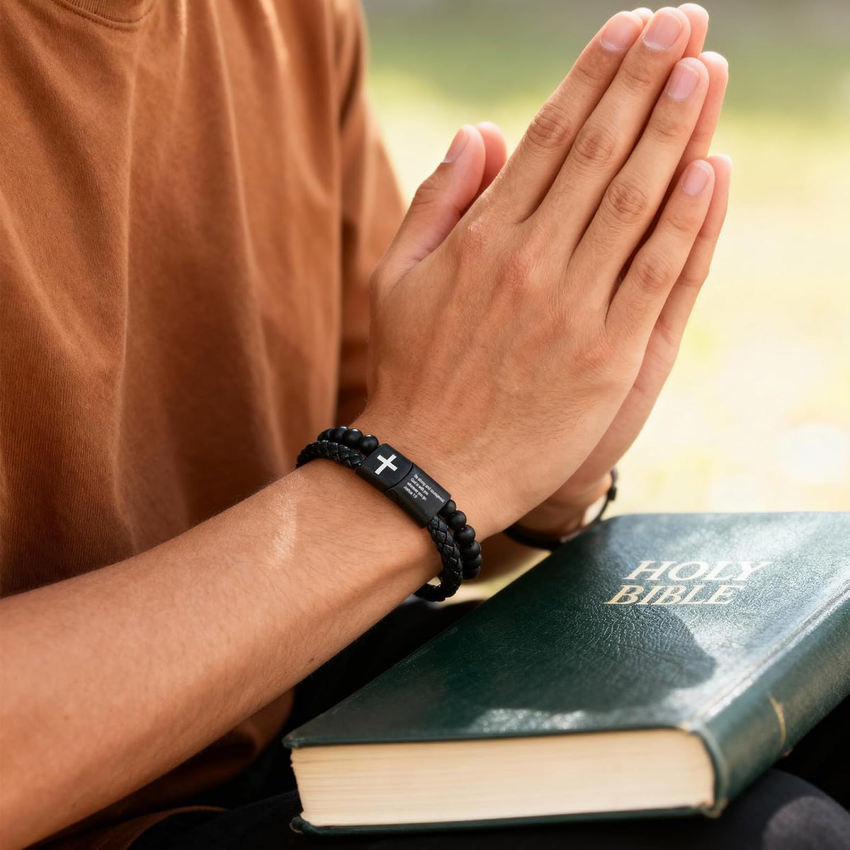 Men'S Cross Bracelet for Men - Bible Verse Bead Rosary Braided Black Genuine Leather Bracelets, Bangle Engraved Love You Forever, Christian Catholic Religious Jewelry Christmas Gifts Ideas for Man