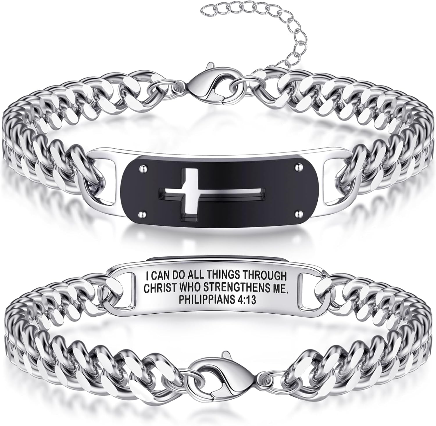 ✝ Men's Cross Cuban Link Bracelet Christian Faith Stainless Steel Baptism Communion Gift for Him