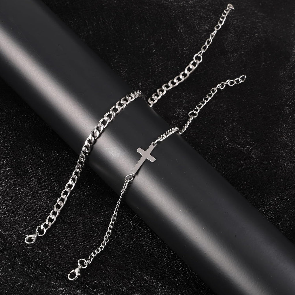✝ 2 Pack Silver Cross and Cuban Link Bracelets for Men Christian Jewelry Gift