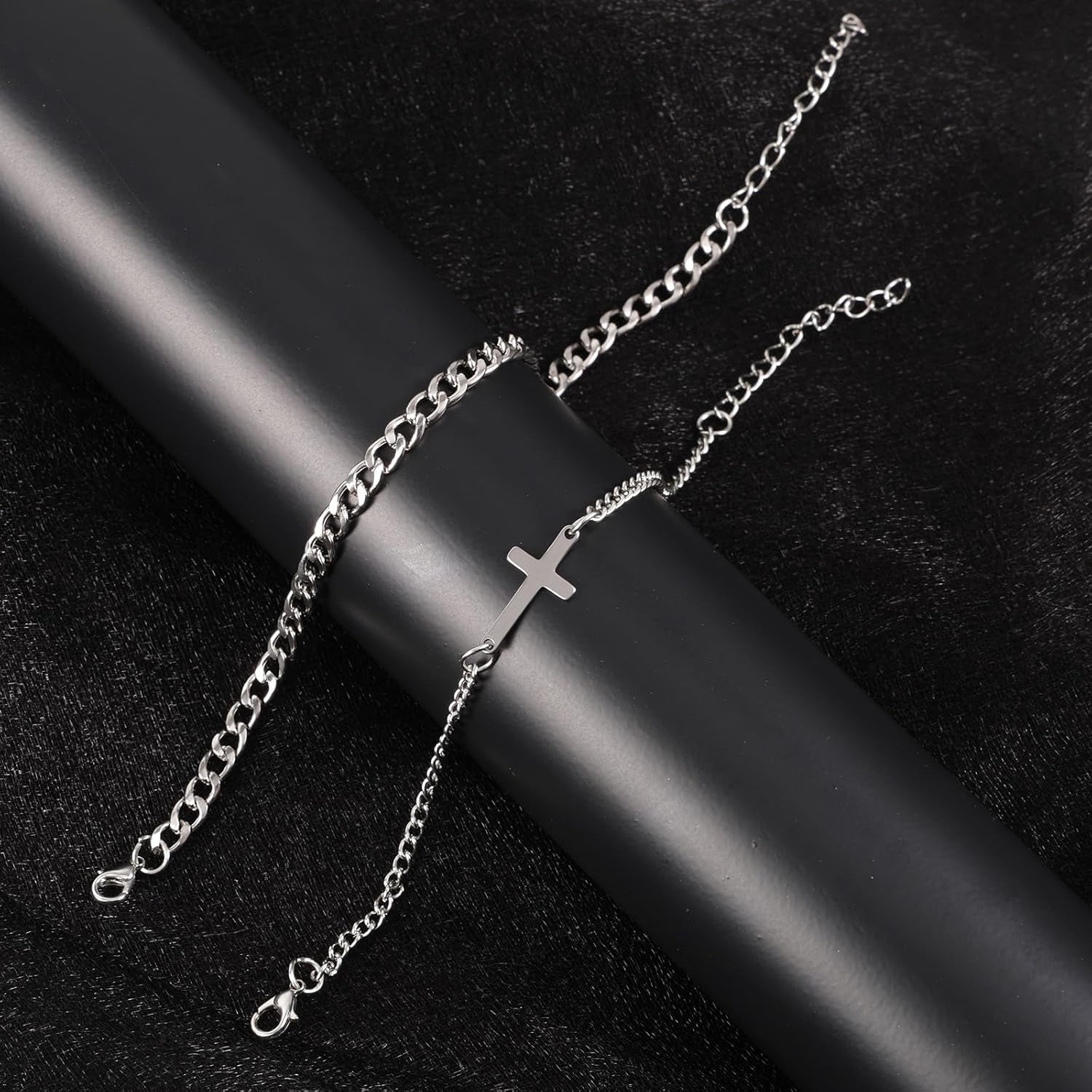 ✝ 2 Pack Silver Cross and Cuban Link Bracelets for Men Christian Jewelry Gift