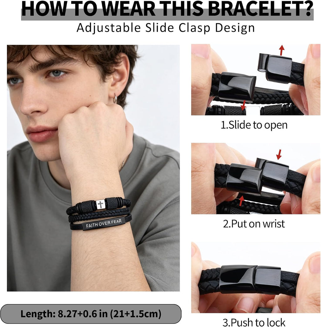 ✝ Men's Leather Cross Bracelet Faith Over Fear Christian Jewelry Gift for Dad Husband Son Brother
