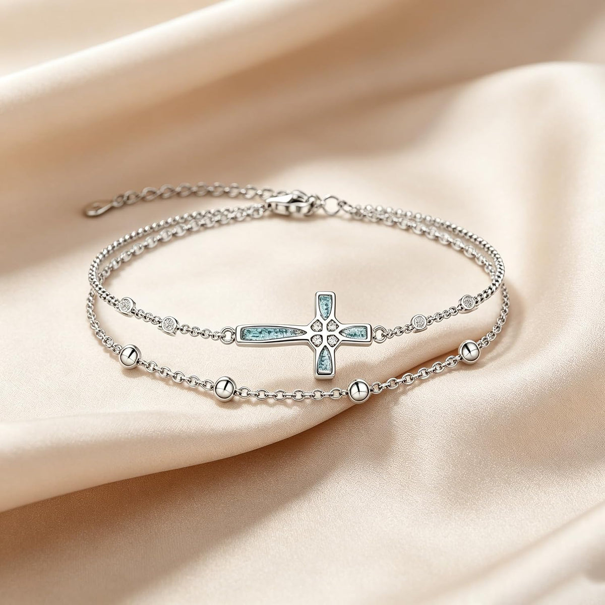 Women's 18K White Gold Plated Turquoise Cross Bracelet Christian Faith Jewelry Gift for Mom Grandma Girlfriend