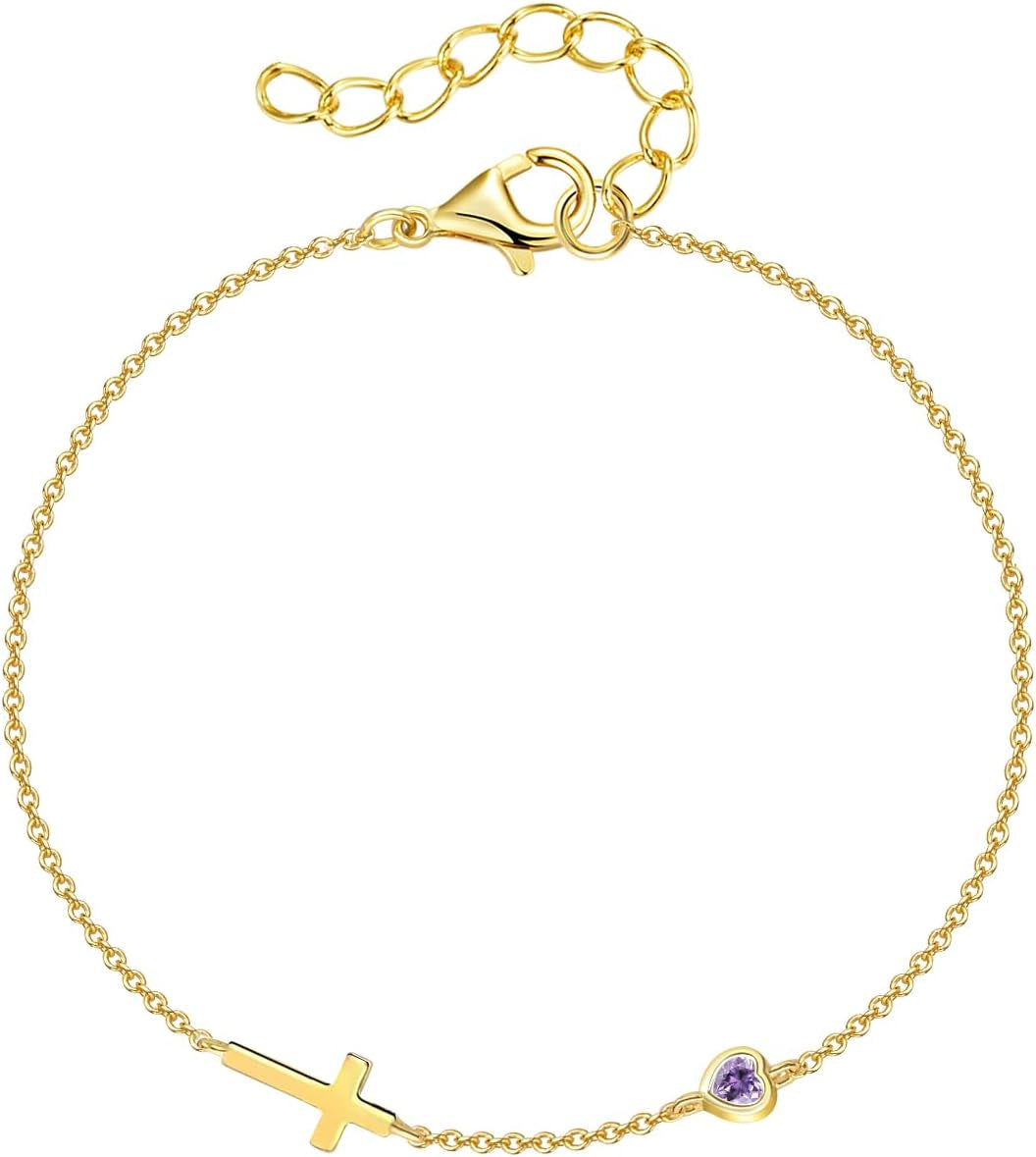 Women's 14K Gold Plated Cross Birthstone Bracelet Aquamarine Christian Jewelry Gift for Mom Wife Grandma