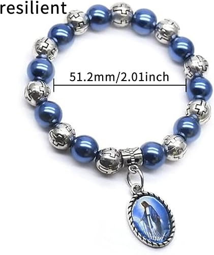 Blue Rosary Bracelet with Miraculous Medal Crucifix Catholic Christian Faith Jewelry Gift for Women Prayer
