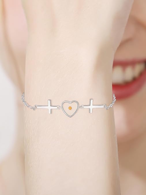 Women's 925 Sterling Silver Heart Mustard Seed Cross Bracelet Christian Faith Jewelry Inspirational Religious Gift