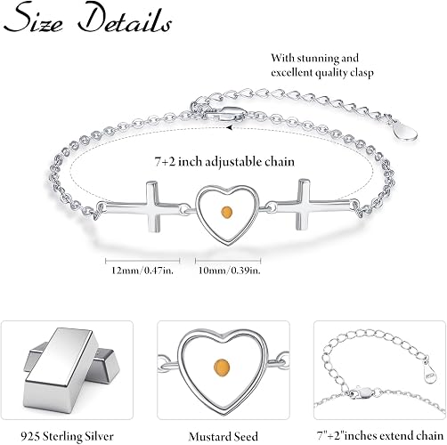 Women's 925 Sterling Silver Heart Mustard Seed Cross Bracelet Christian Faith Jewelry Inspirational Religious Gift