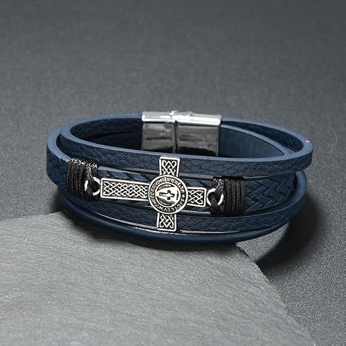 ✝ Men's Vintage Celtic Cross Leather Bracelet Christian Faith Shield Braided Stainless Steel Religious Jewelry Gift