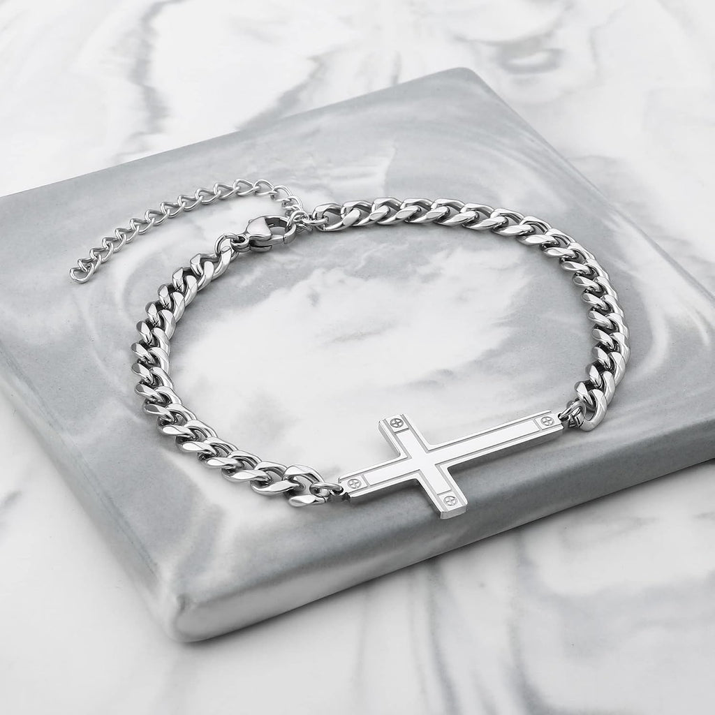 ✝ Men's Stainless Steel Cuban Cross Bracelet 5MM Adjustable Chain Christian Jesus Religious Confirmation Faith Jewelry Gift