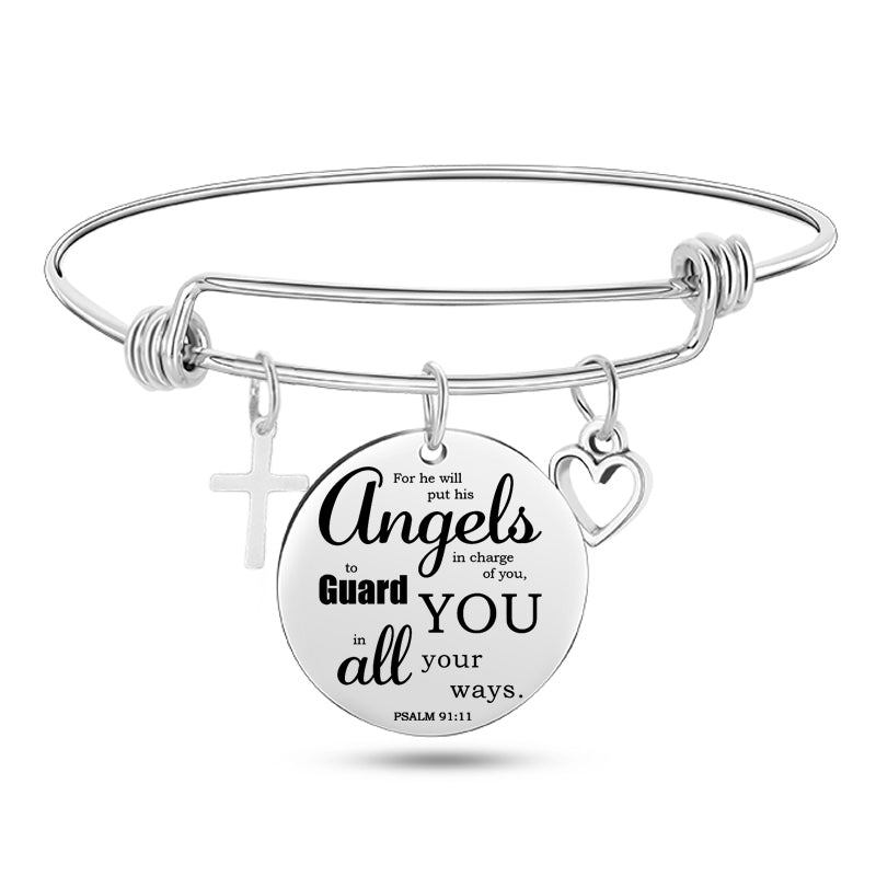 Silver bracelet with a circular charm featuring a religious quote on a white background