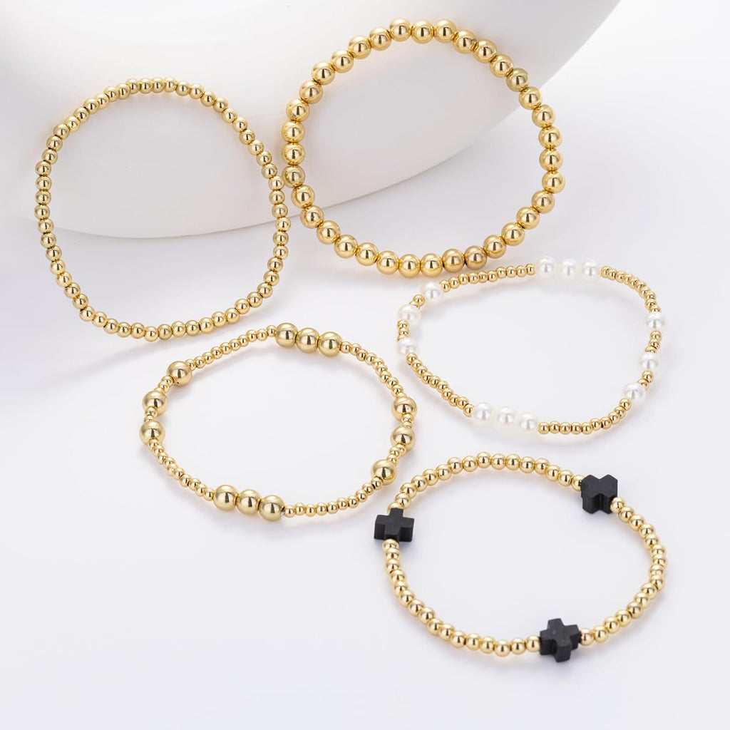 Gold Beaded Pearl Cross Bracelet Set 5-Piece Christian Stretch Jewelry Stackable Faith Gift for Women