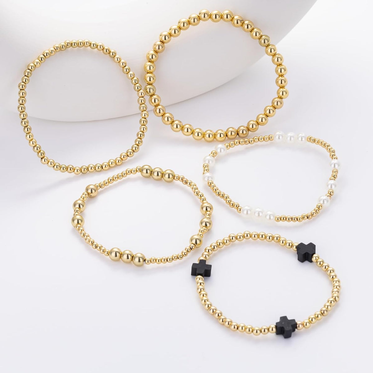 Gold Beaded Pearl Cross Bracelet Set 5-Piece Christian Stretch Jewelry Stackable Faith Gift for Women