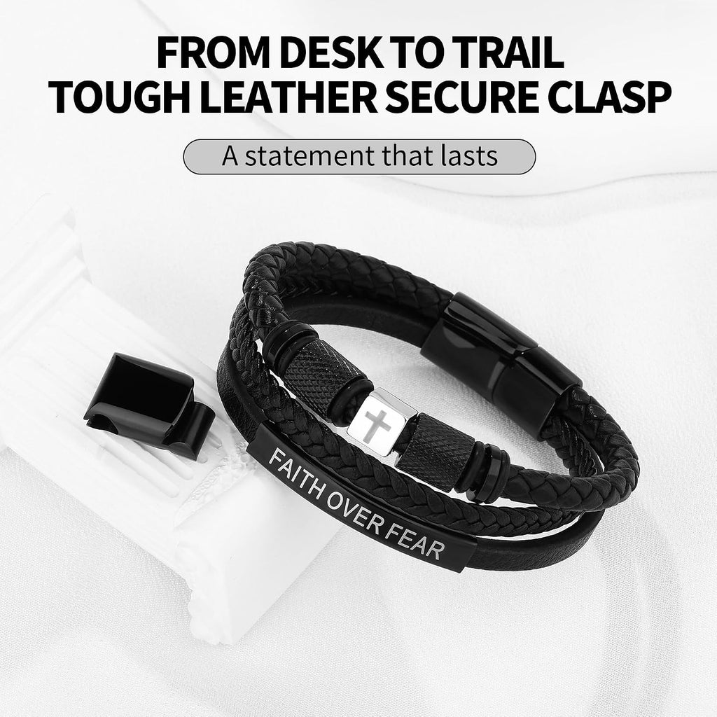 ✝ Men's Leather Cross Bracelet Faith Over Fear Christian Jewelry Gift for Dad Husband Son Brother