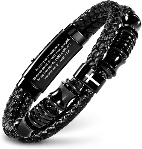 ✝ Men's John 3:16 Cross Bracelet Adjustable Black Leather Christian Faith Religious Jewelry Inspirational Gift