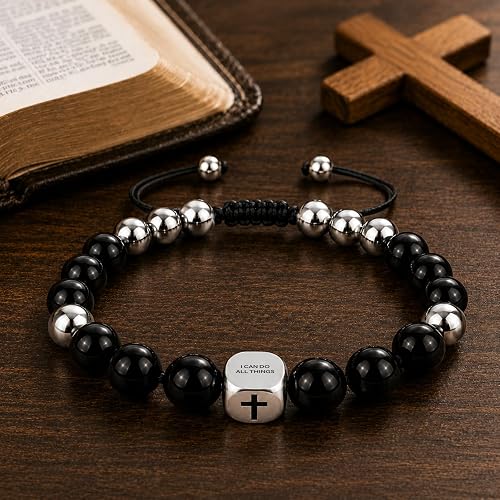 ✝ Men's Black Onyx Cross Bracelet Joshua 1:9 Christian Bible Verse Faith Jewelry Gift