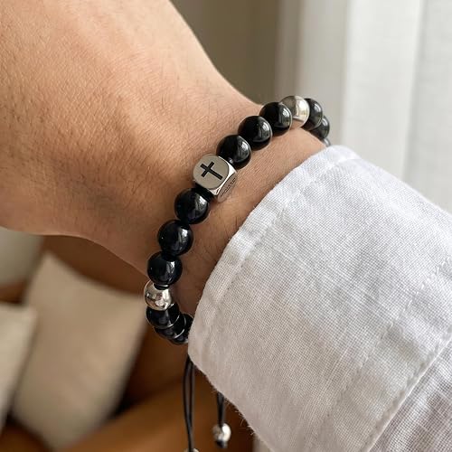 ✝ Men's Black Onyx Cross Bracelet Joshua 1:9 Christian Bible Verse Faith Jewelry Gift
