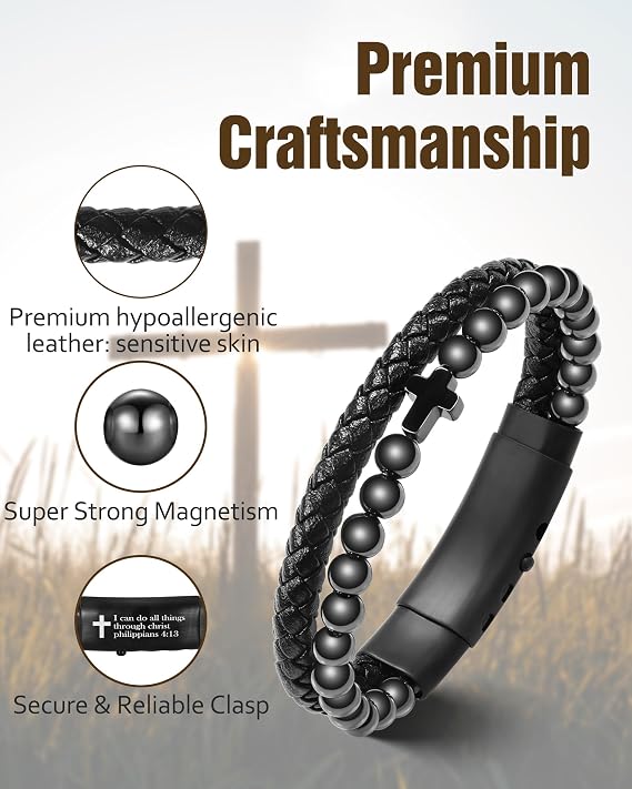 ✝ Men's Magnetic Cross Bracelet Black Braided Leather Obsidian Philippians 4:13 Christian Faith Gift