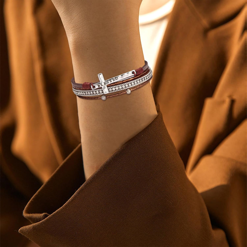 ✝ Women's Brown Leather Wrap Bracelet Boho Western Stacked Cuff Christian Cross Jewelry Gift for Women