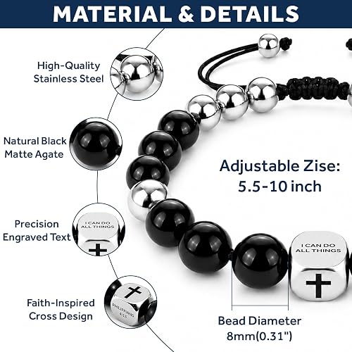 ✝ Men's Black Onyx Cross Bracelet Joshua 1:9 Christian Bible Verse Faith Jewelry Gift