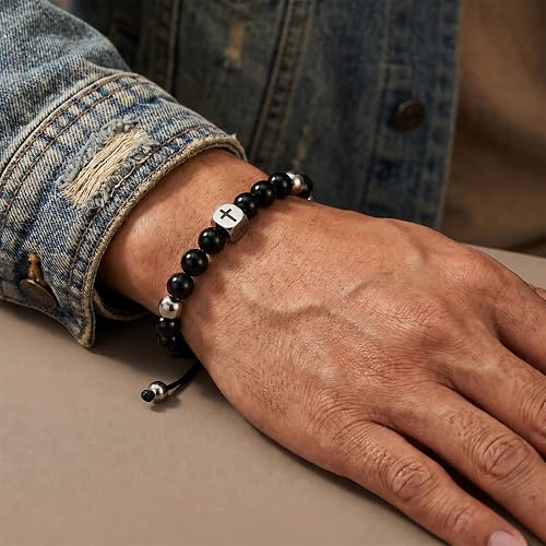 ✝ Men's Black Onyx Cross Bracelet Joshua 1:9 Christian Bible Verse Faith Jewelry Gift